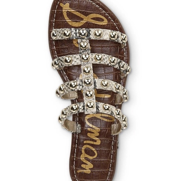 Sam Edelman Beige Leather Snake Print Heeled Slides Sandals Women’s size 7.5 EUC - Picture 2 of 11